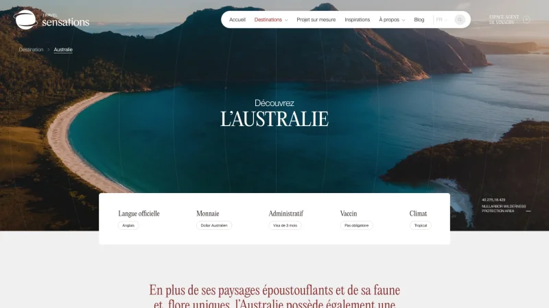 Page sur la découverte de l'Australie réalisée dans le cadre du nouveau site custom pour Travel Sensations