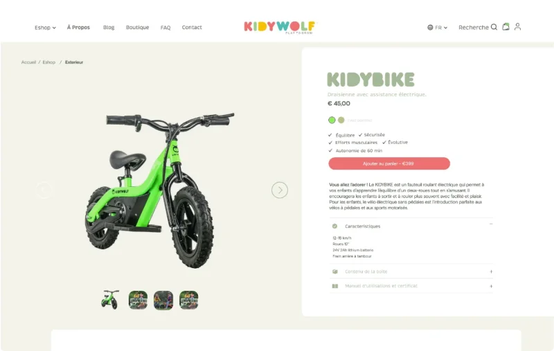 Eshop 100% custom réalisé par notre agence de web design à Bruxelles pour Kidywolf