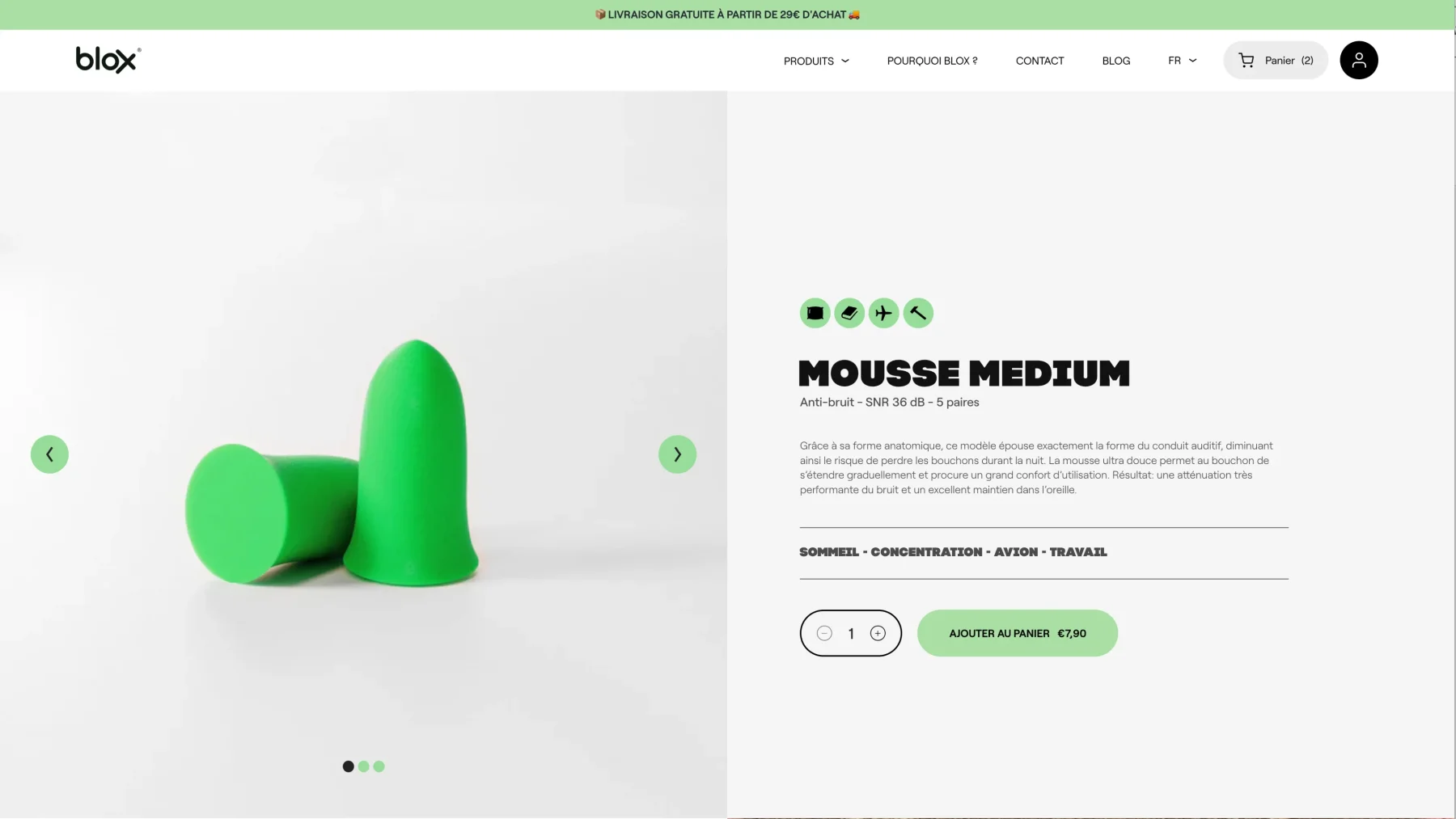 Interface produit sur mesure réalisée par nos experts en ui/ux design pour la marque de bouchons d'oreilles Blox