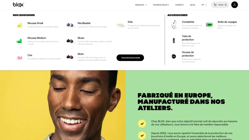 Webdesign custom réalisé par nos experts en ui/ux design pour la marque de bouchons d'oreilles Blox