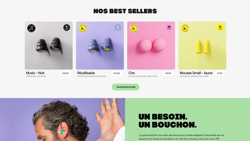 Ecommerce sur mesure réalisé par nos experts en ui/ux design pour la marque de bouchons d'oreilles Blox