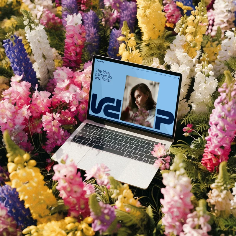 Mockup d'un macbook dans un champ de fleurs de toutes les couleurs affichant la homepage du site designé pour Van Der Plas, le partenaire idéal des fleuristes