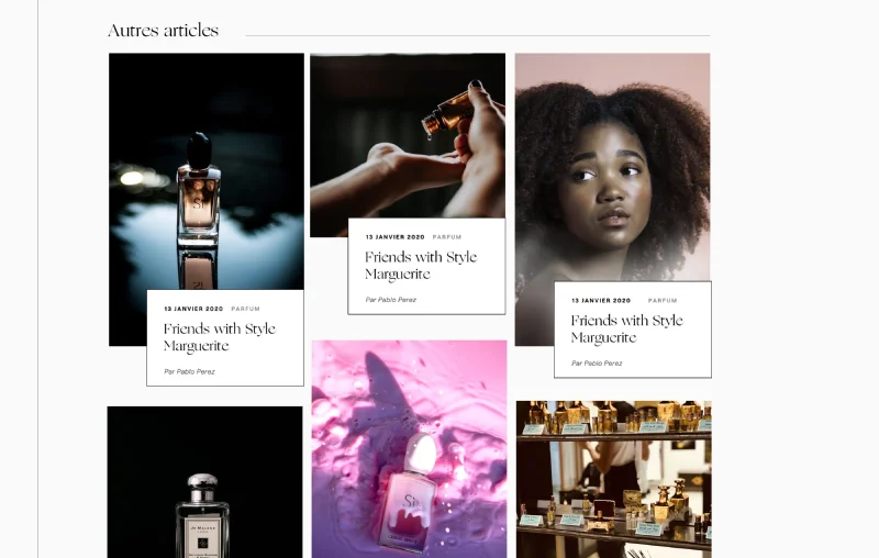 Design sur mesure de la page d'articles réalisé par nos experts en UI/UX design pour Senteurs d'ailleurs, Bruxelles